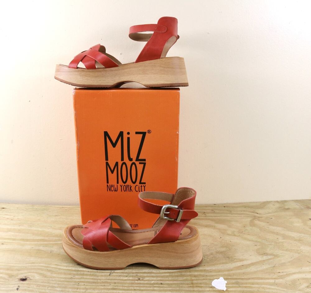 New Miz Mooz Sandals 38 Red Leather Sarita Platform Wooden Heel Mary Jane